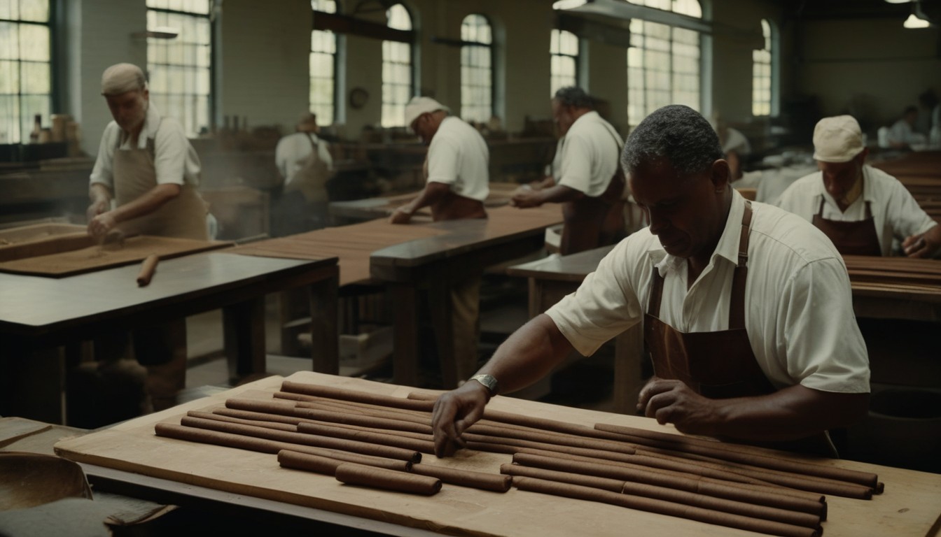 Alec Bradley cigar factory workers rolling and pressing cigars