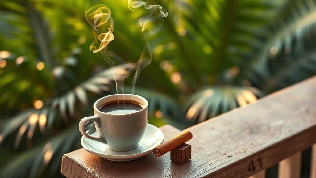 A small perfecto cigar smoking gently next to a cup of Cuban coffee on a porch