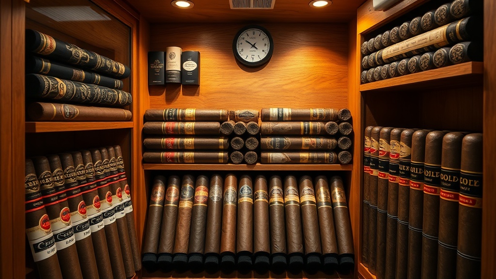 A well-stocked humidor with organized rows of premium cigars from various brands