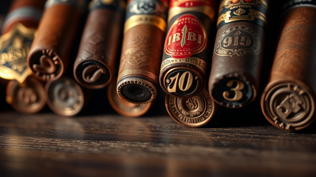 Close-up of ornate premium cigar bands from various brands on dark wood