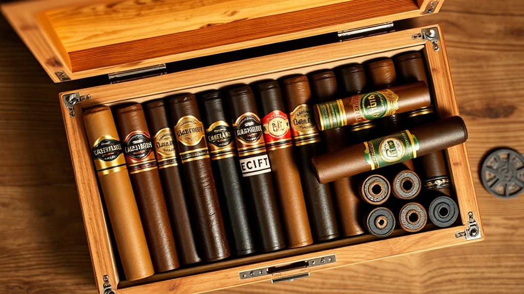 Open cigar sampler box showing variety of wrapper colors and sizes