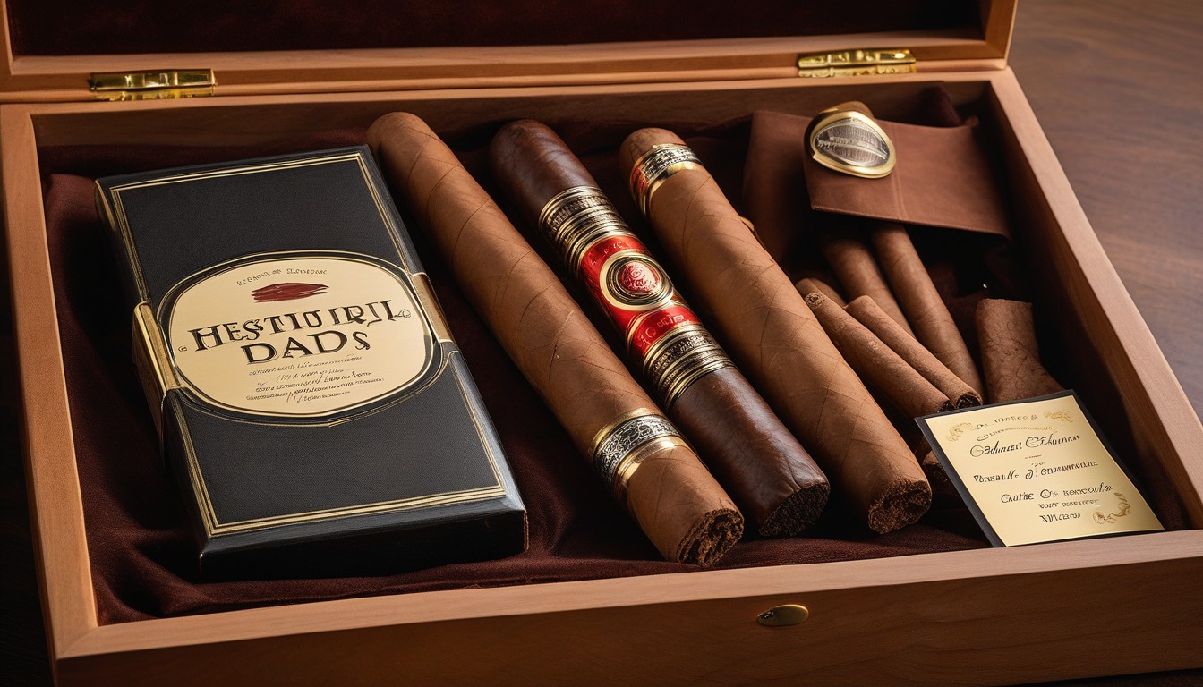 A gift box of premium cigars with a Father's Day card and a cedar-lined humidor