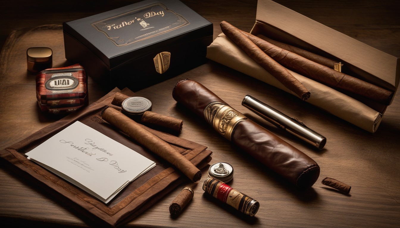 Bourbon bottle, cigars, a lighter, and a handwritten card arranged as a Father's Day gift set