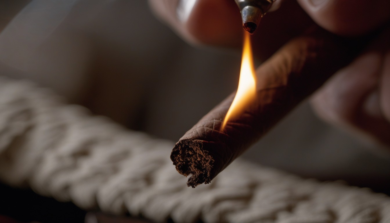 Close-up of a cigar being lit with a torch lighter