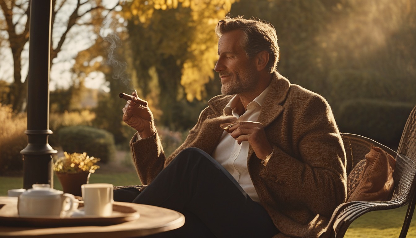 Person relaxing outdoors with a cigar and a cup of coffee in golden afternoon light
