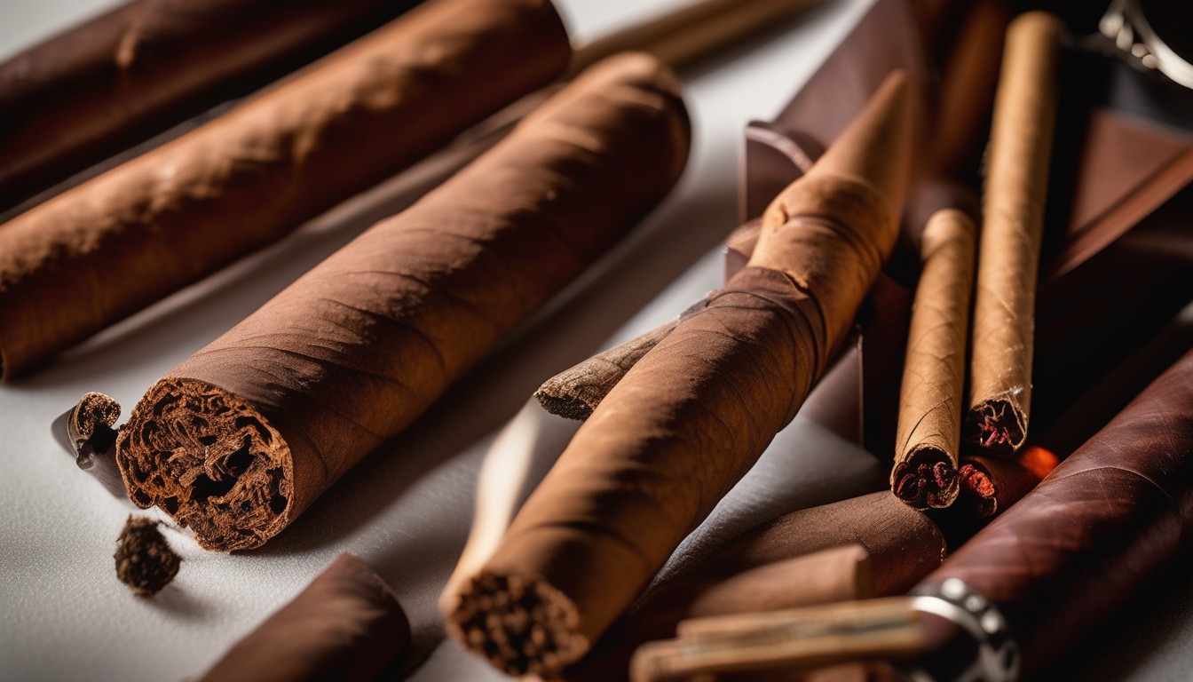 Several mild cigars arranged with a cutter and matches on a clean white surface