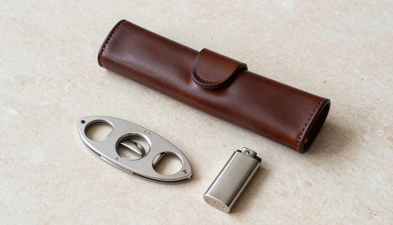 A brown leather cigar case, steel cutter and silver lighter rest separately on pale stone.