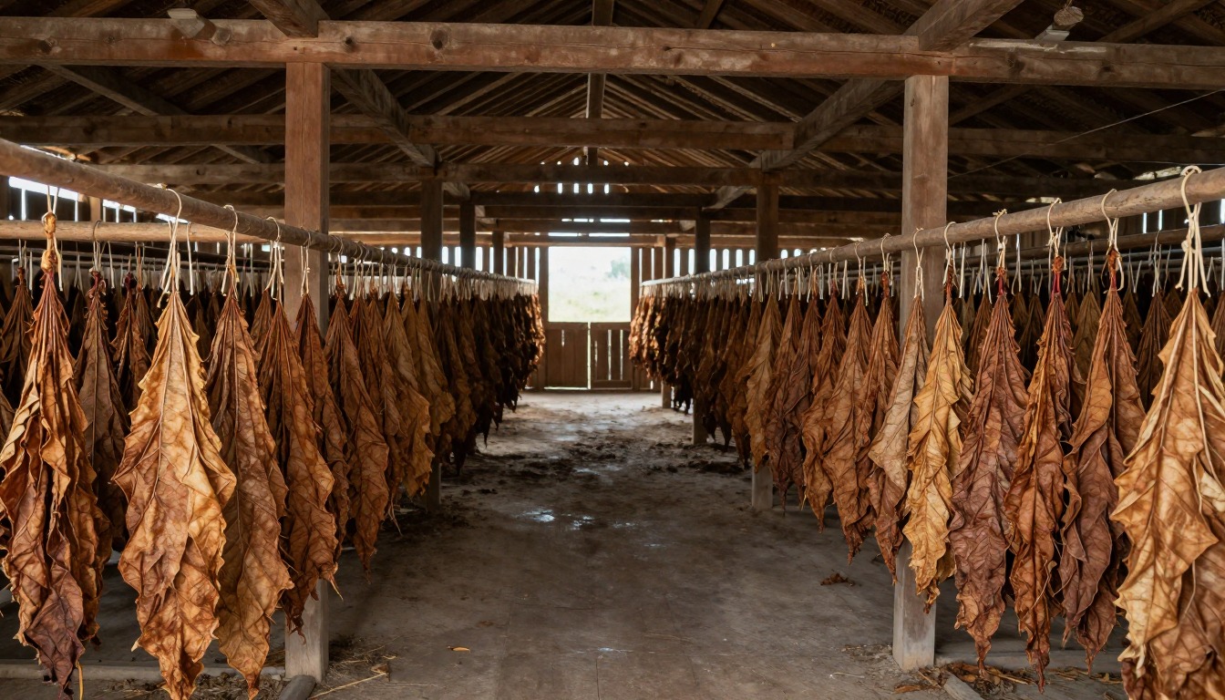 Cured tobacco leaves hanging beside a clear aisle in a timber barn