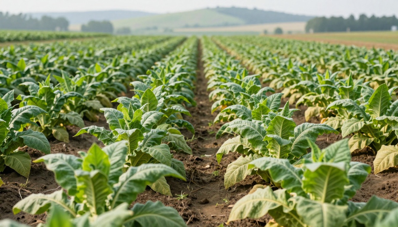 Rows of green tobacco plants beneath a distant hillside