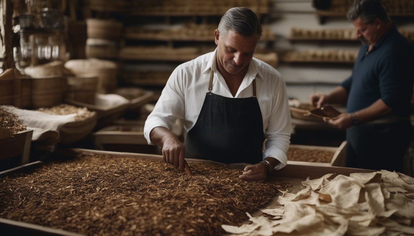 Boutique cigar maker inspecting tobacco leaves during the blending process