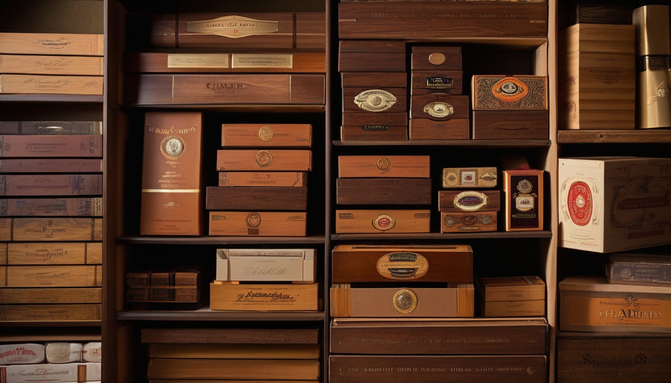 A variety of cigar boxes stacked showing different brands