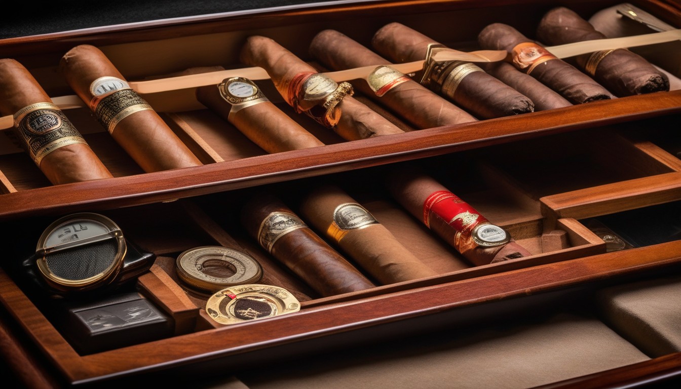A cigar collection organized in a humidor with dividers