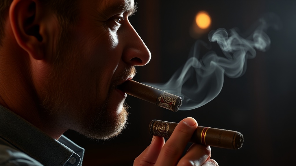 Side profile of a cigar enthusiast performing a retrohale technique