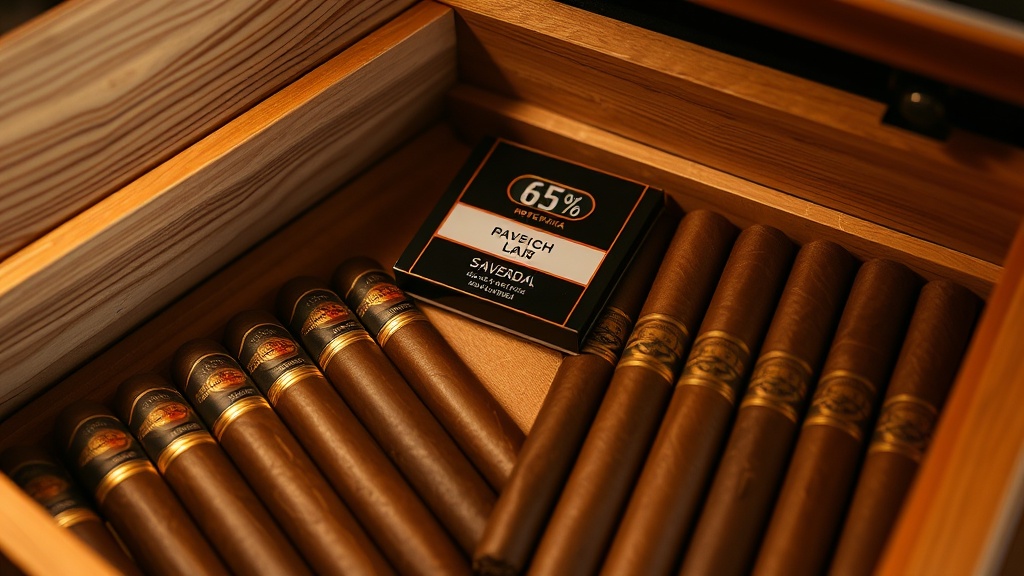 Interior of a Spanish cedar humidor with cigars and Boveda humidity pack
