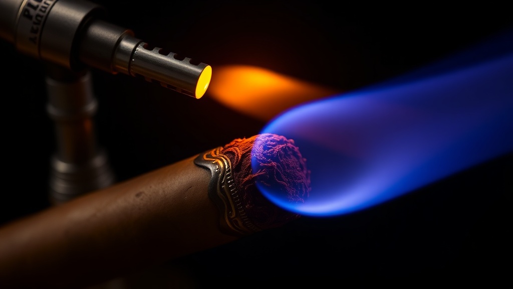 Torch lighter flame toasting the foot of a cigar