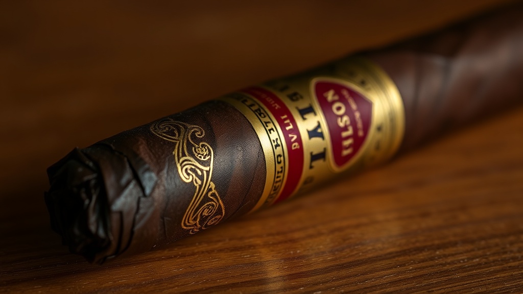 Close-up of a premium box-pressed perfecto cigar with a dark oily wrapper on cedar wood