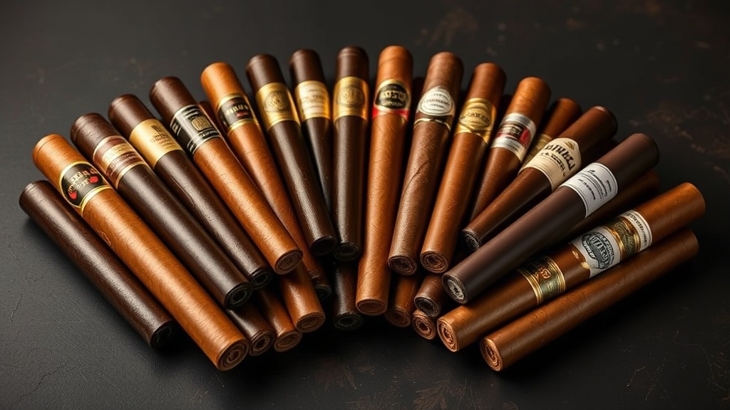 A variety of premium cigars displayed in a fan pattern showing different wrapper colors and sizes