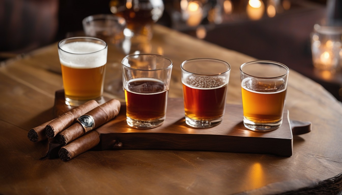 Craft beer flight next to a selection of cigars on a wooden board