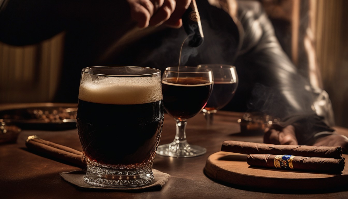 A dark stout beer alongside a full-bodied maduro cigar in an evening setting