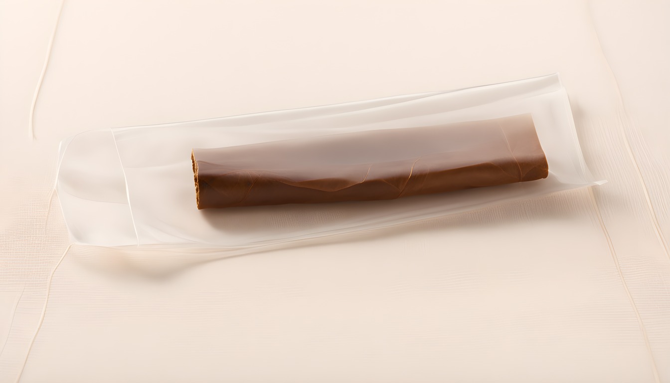 An unbanded brown cigar in a loose clear sleeve on cream linen