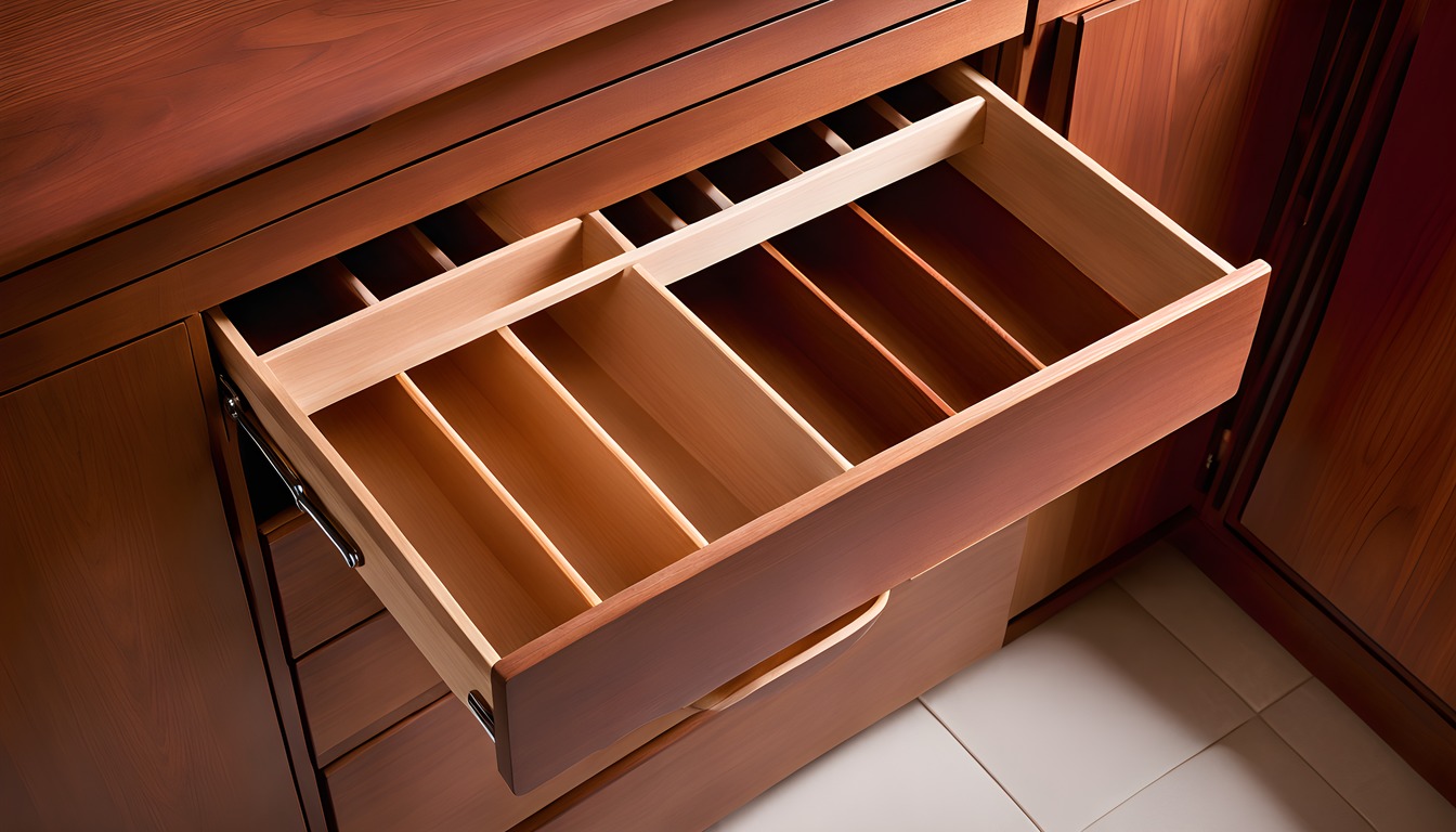 An empty cedar drawer divided into separate storage compartments