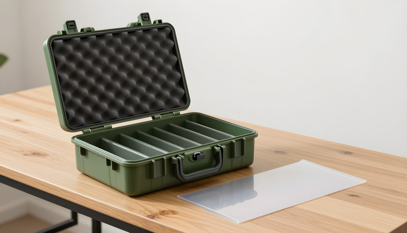 An open foam-lined protective case beside an empty transparent cigar sleeve