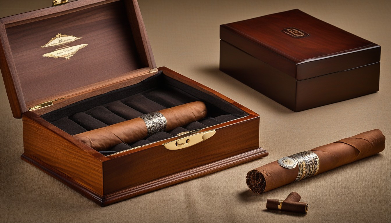 Cigars presented in a cedar box as a gift, with a cutter and lighter