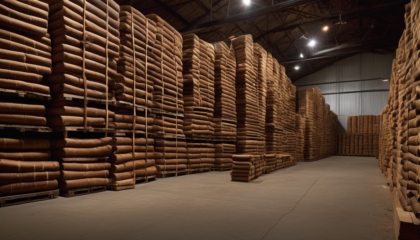 Bales of aging tobacco stacked in a warehouse