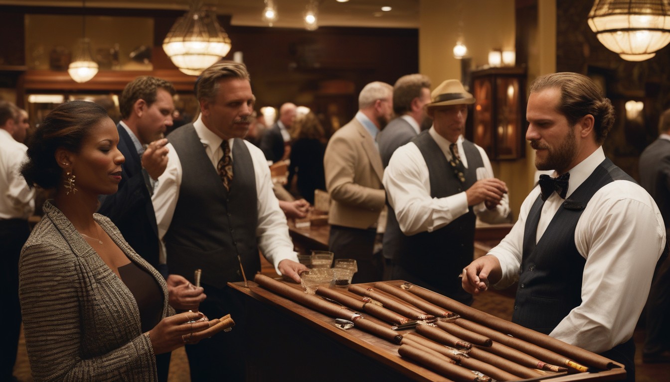 Indoor cigar lounge event with brand representatives and tasting stations