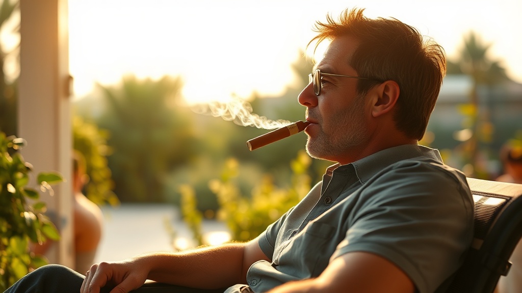 Person relaxing outdoors on a patio enjoying a premium cigar in the open air during golden hour