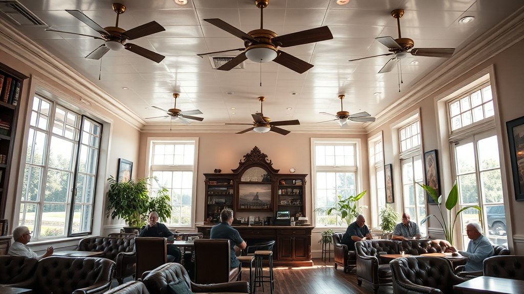 Interior of a well-ventilated cigar lounge with ceiling fans, open windows, and natural light