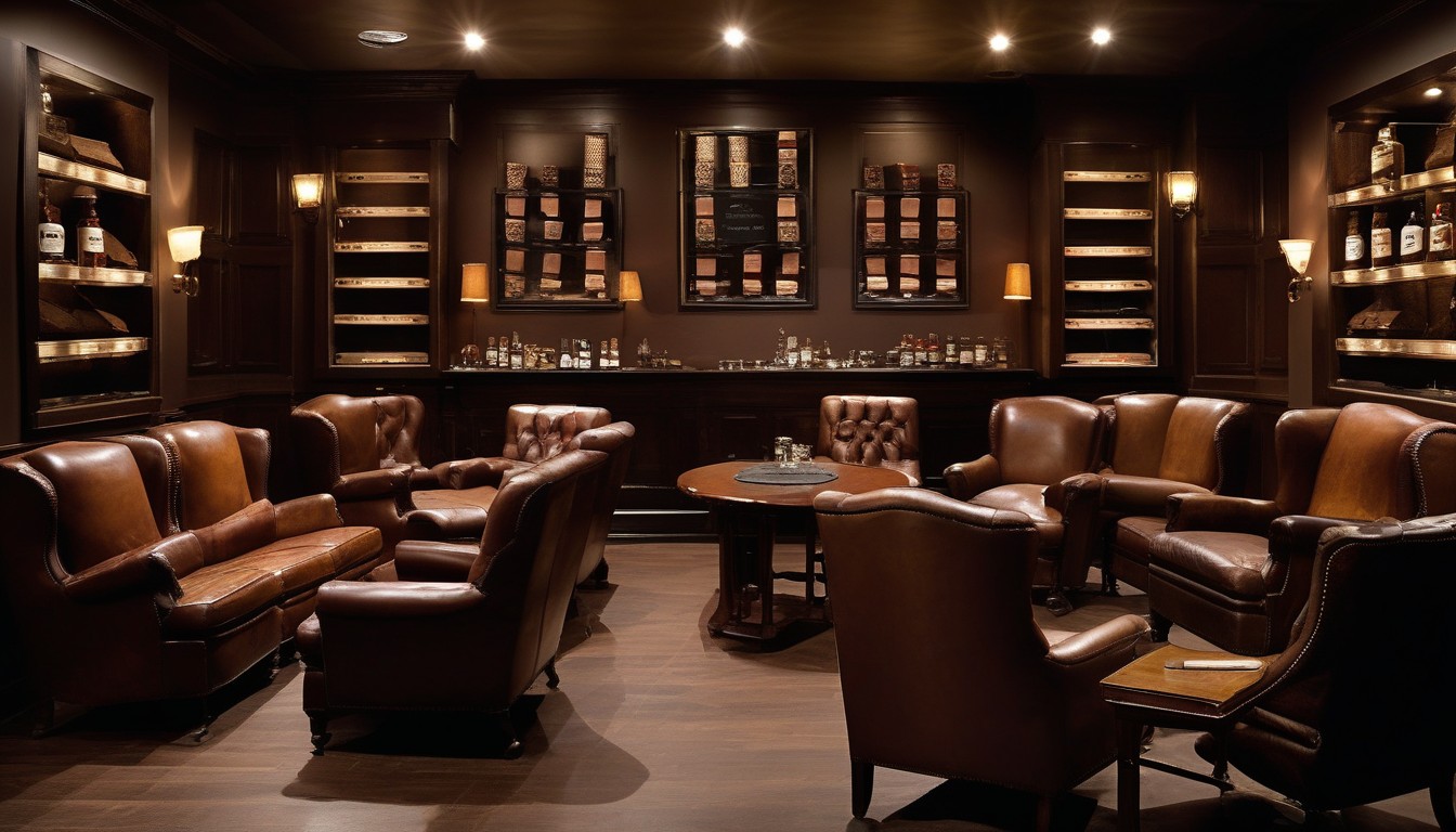 Interior of a welcoming cigar lounge with leather chairs and proper setup for smoking