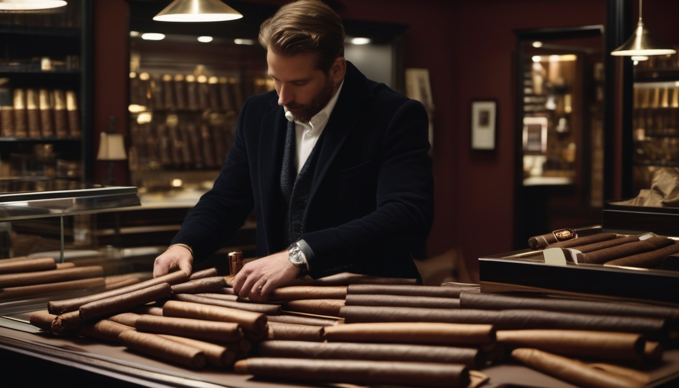 A newcomer selecting a cigar at the shop counter before heading to the lounge