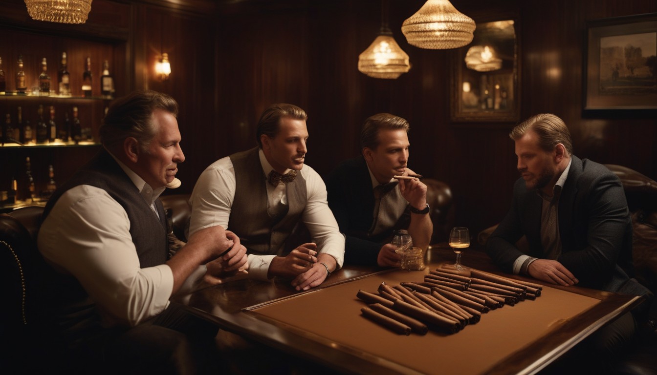 A group of cigar smokers enjoying conversation in a cigar lounge setting
