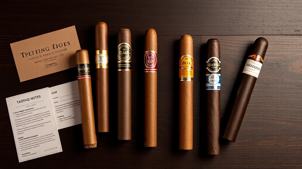 Monthly cigar selection spread out on table with tasting notes