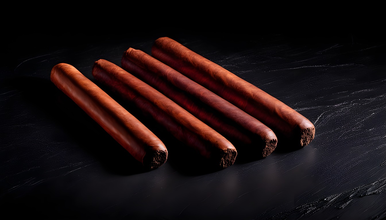 Four unlit cigars of different thickness lie in a row on dark slate, open feet toward the camera