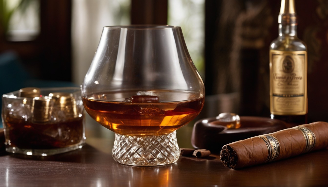 Aged rum in a snifter glass next to a premium cigar with Caribbean decor