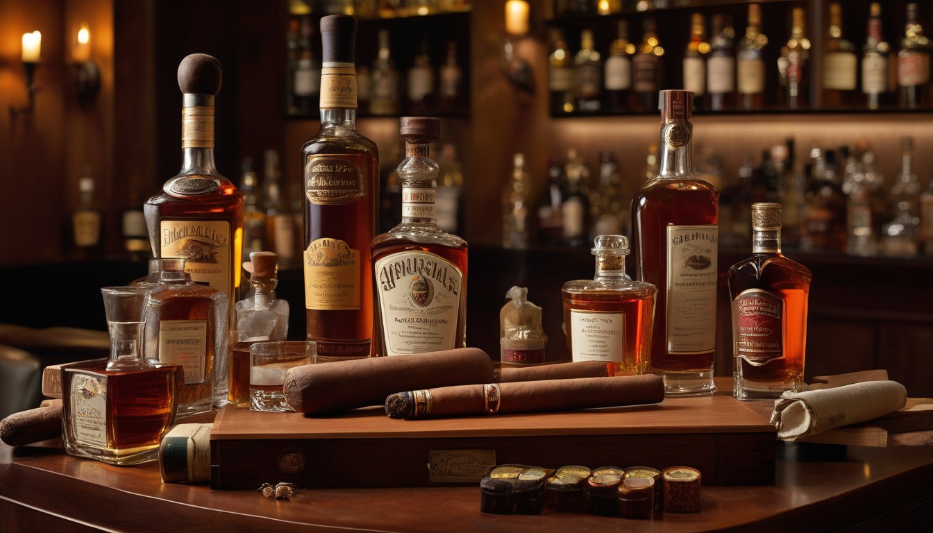 Multiple rum bottles displayed with cigar pairings on a tropical bar setting