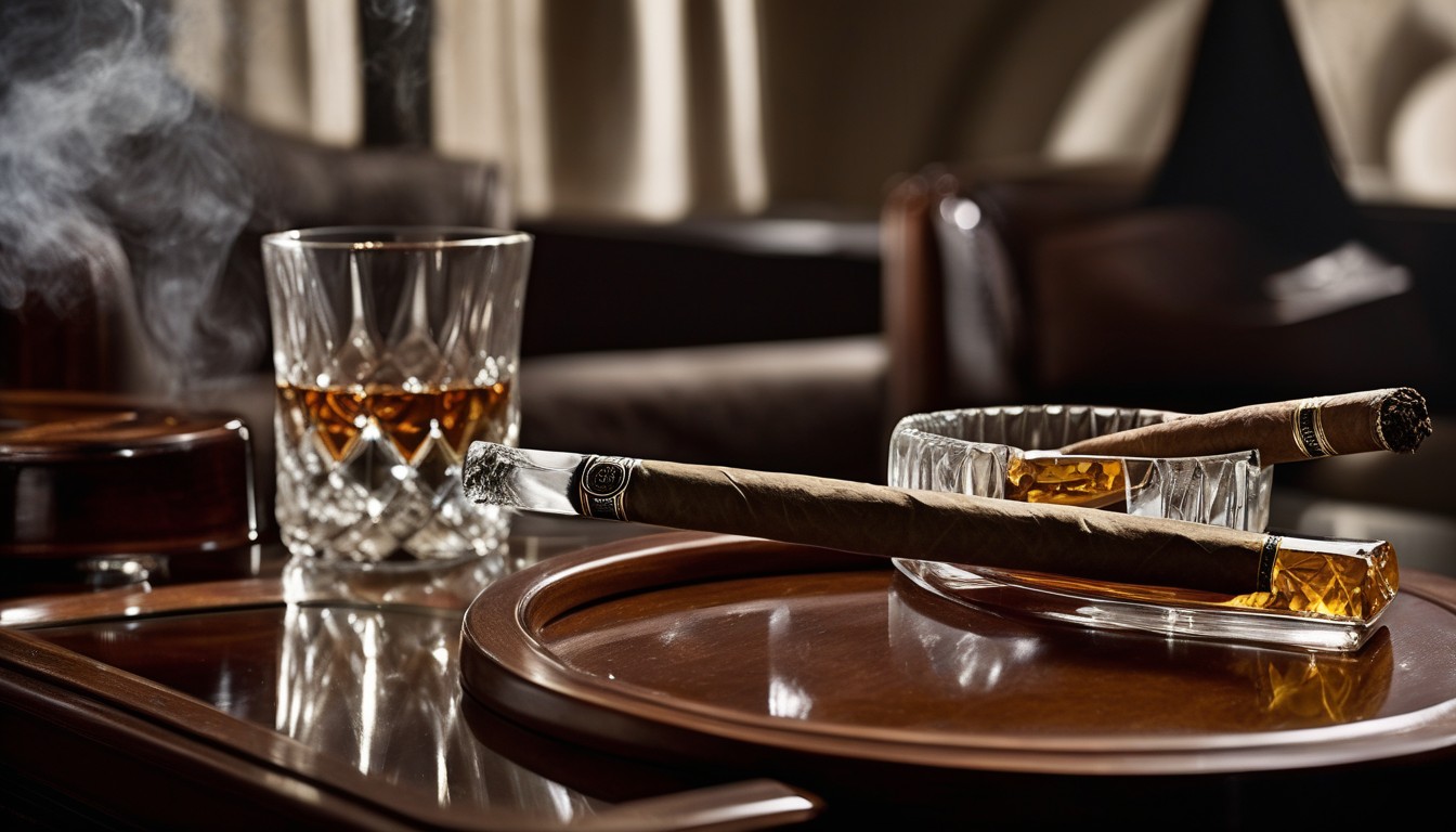 Ashtray with both a cigarillo and a full-size cigar resting on it in a cigar lounge setting