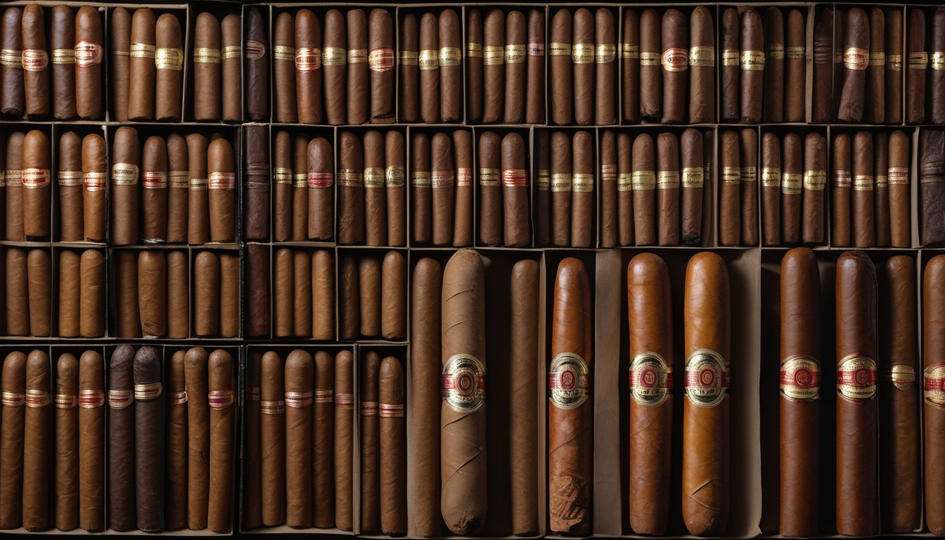 Side-by-side comparison of a full-size robusto cigar and several cigarillos showing size difference