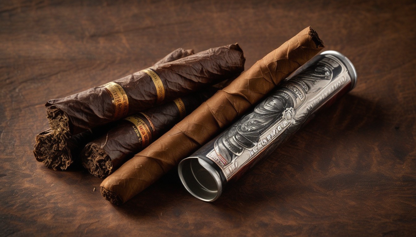 Tin of premium cigarillos next to a hand-rolled small cigar showing wrapper texture difference