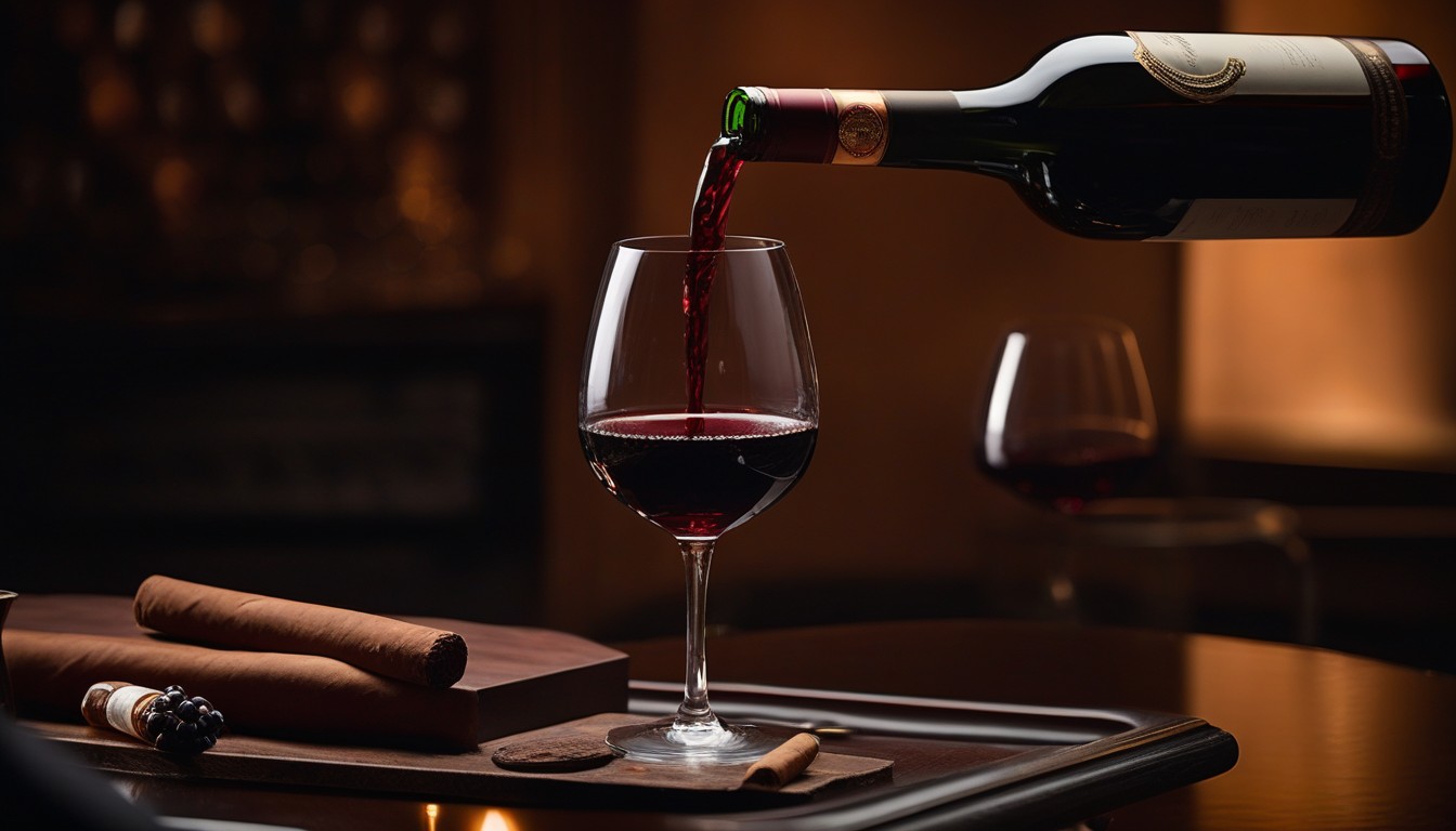 Red wine being poured into a glass beside an elegant cigar setup