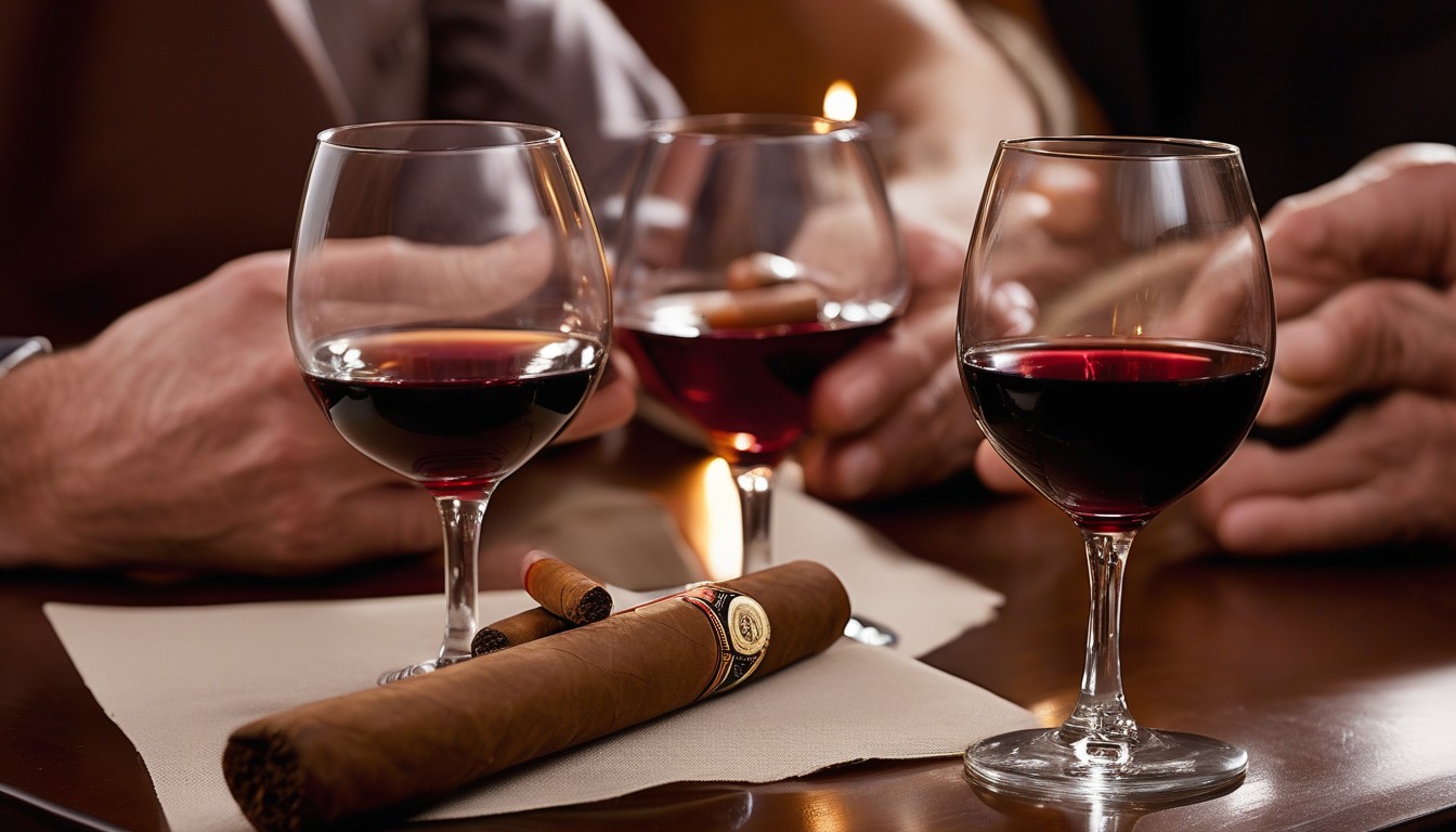 Wine glasses and cigars arranged for a tasting event