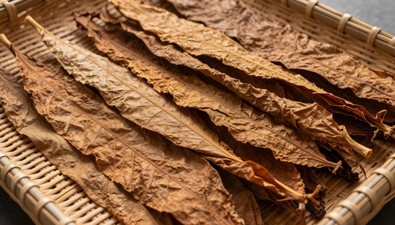 Large cured tobacco leaves layered in a shallow wicker sorting tray