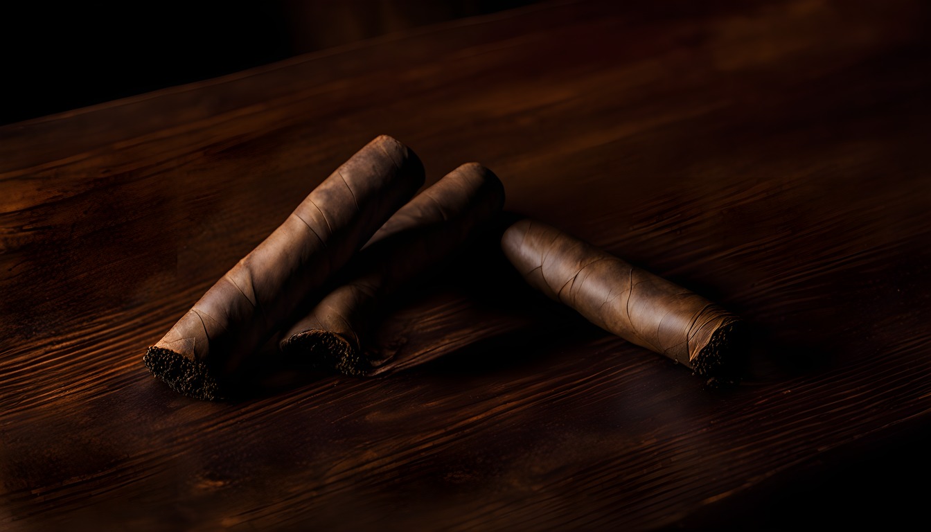 Three unbanded brown cigars with visible open feet on a dark wooden surface