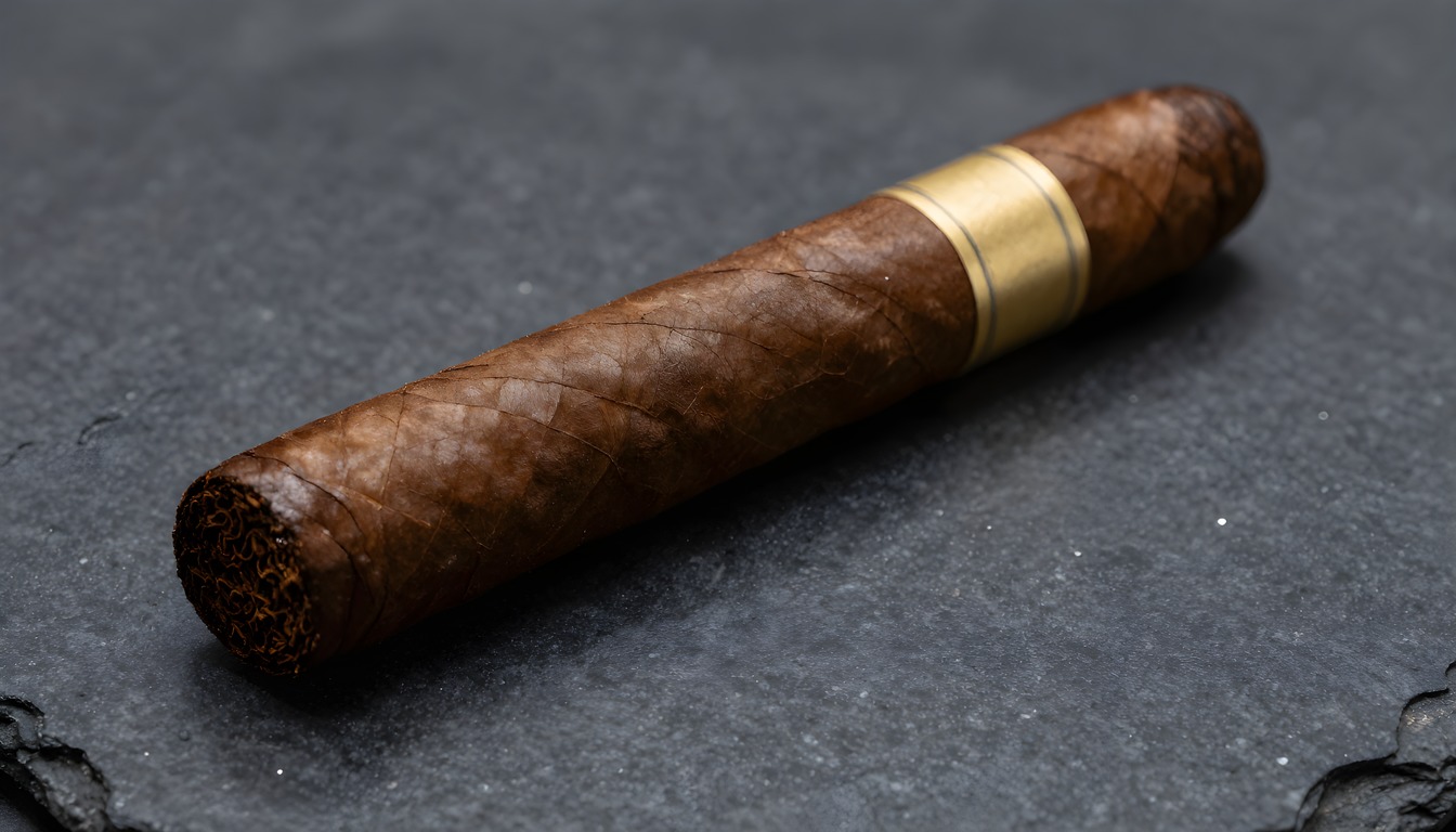 A brown cigar with a plain gold band on charcoal stone, showing its open foot and rounded cap
