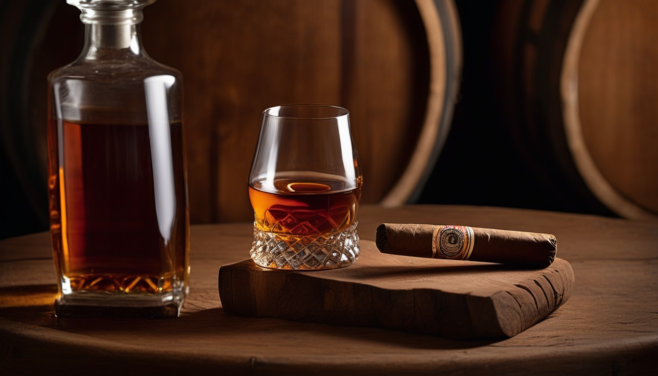 Bourbon glass and a premium cigar resting on an oak barrel stave in warm amber lighting