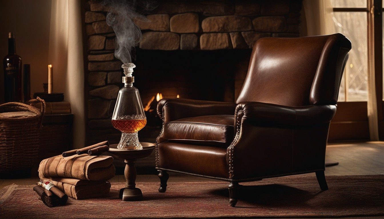Bourbon bottle and cigar on a leather chair by a fireplace in warm winter light
