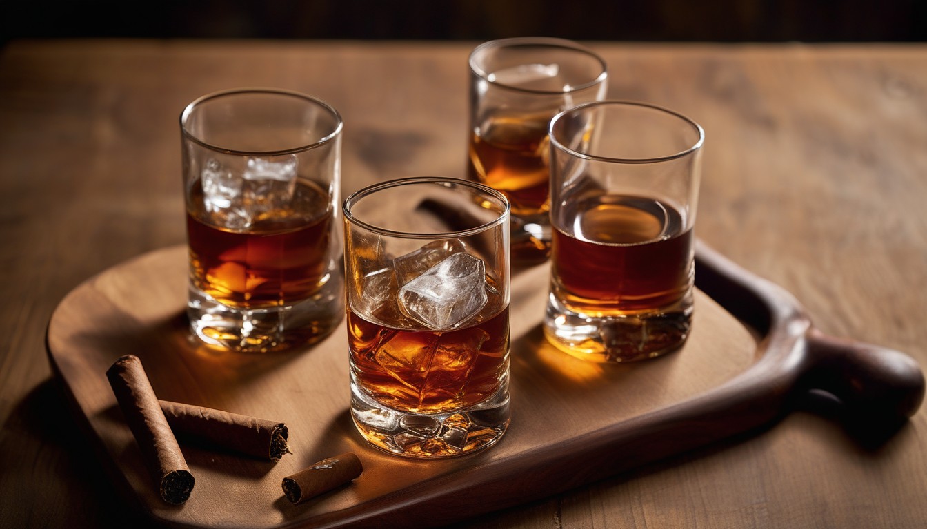 Three bourbon glasses lined up with paired cigars, showing light to dark progression