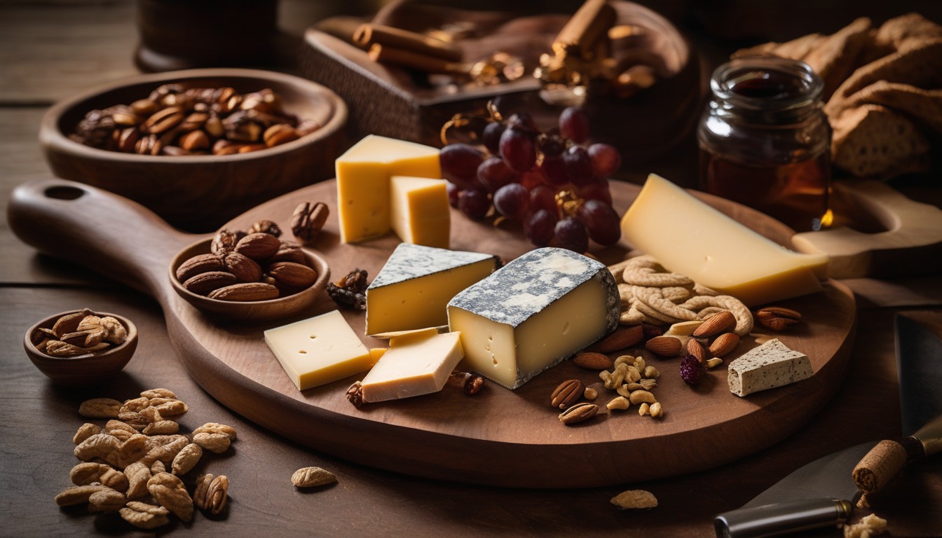 Artisanal cheese board with aged cheeses, dried fruits, and nuts alongside a cigar
